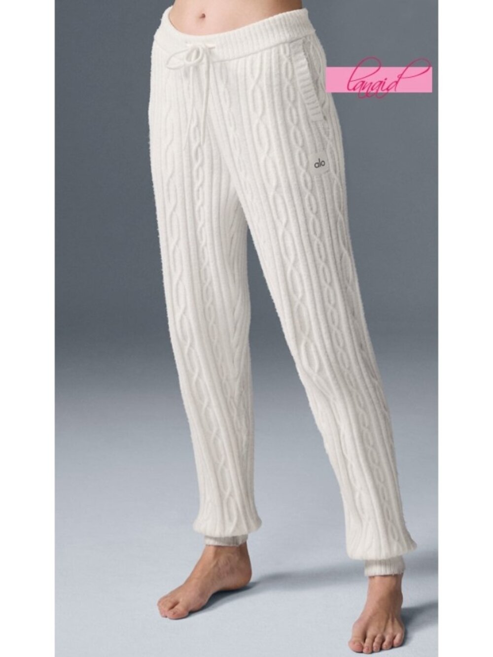 Alo Cable Knit Winter Bliss Pants Ivory High-Rise Waist Chunky Sweater Joggers S